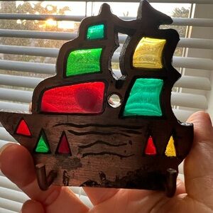 Stained Glass 3”x3” Sailboat Figurine Made in Taiwan  Metal Frame Nautical Decor